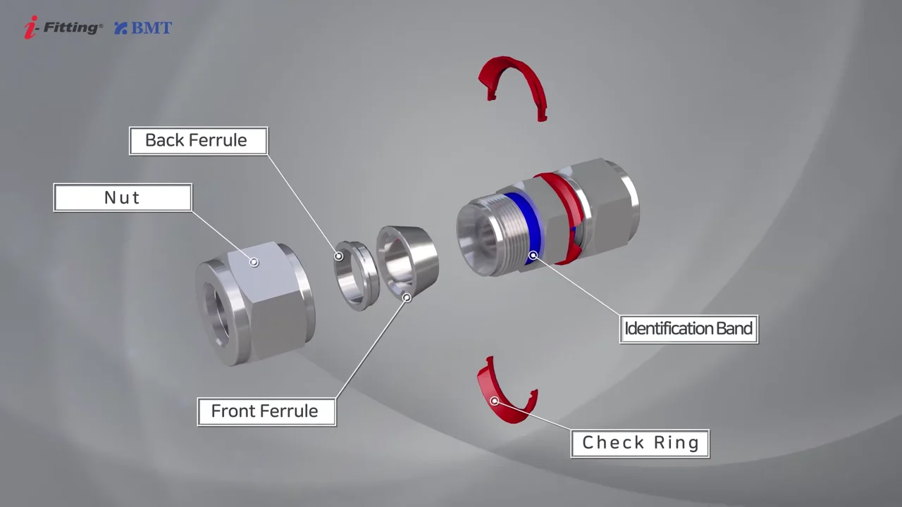 Exploded i-Fitting assembly showing the ferrules, identification band and check ring.