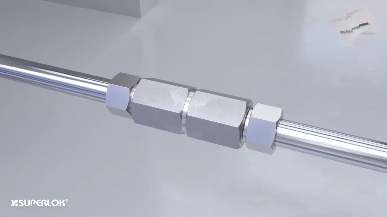An assembled SUPERLOK pre-forming union connecting two tubes.