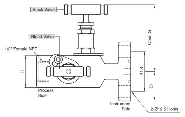 BMT SUPERLOK SM2VF two-valve manifold, horizontal single-flange direct mounting; manufacturer catalog illustration.