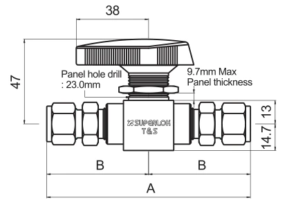 BMT SUPERLOK SBT two-way trunnion valve, tube fittings; manufacturer catalog illustration.