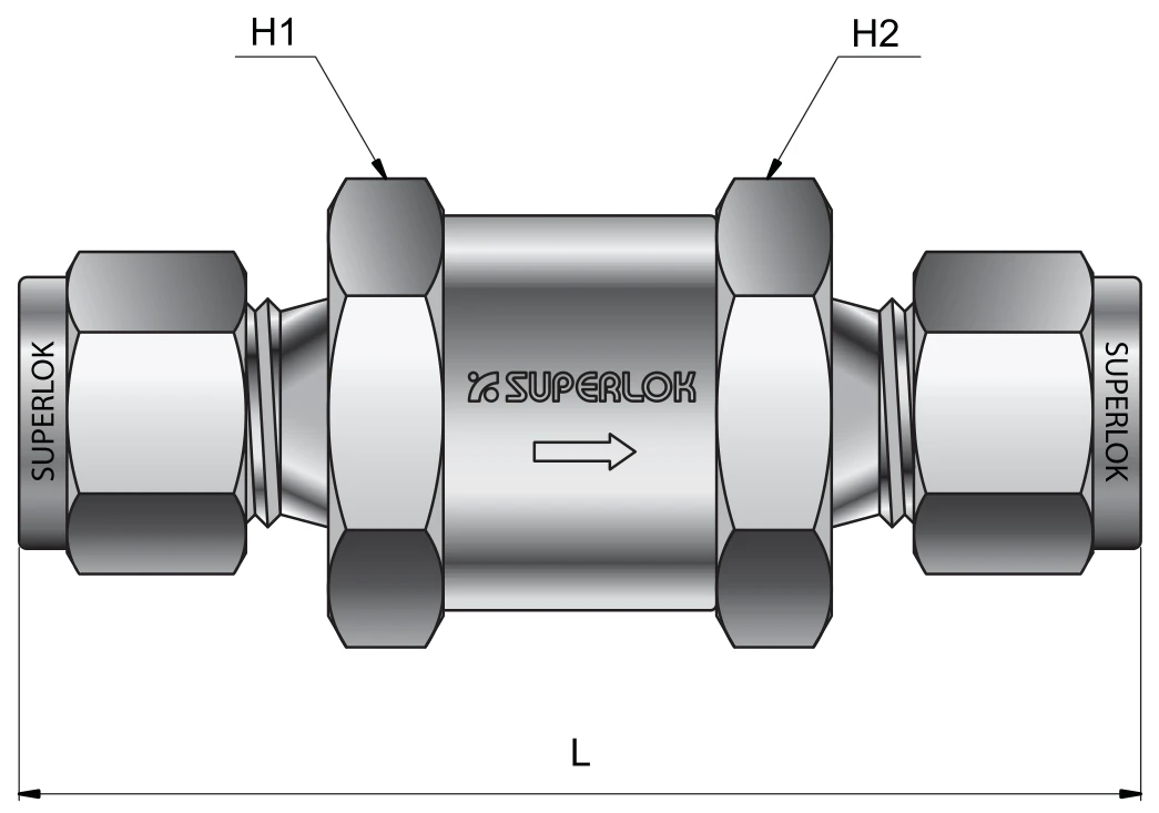BMT SUPERLOK SEFV excess-flow valve, tube fitting ends; manufacturer catalog illustration.