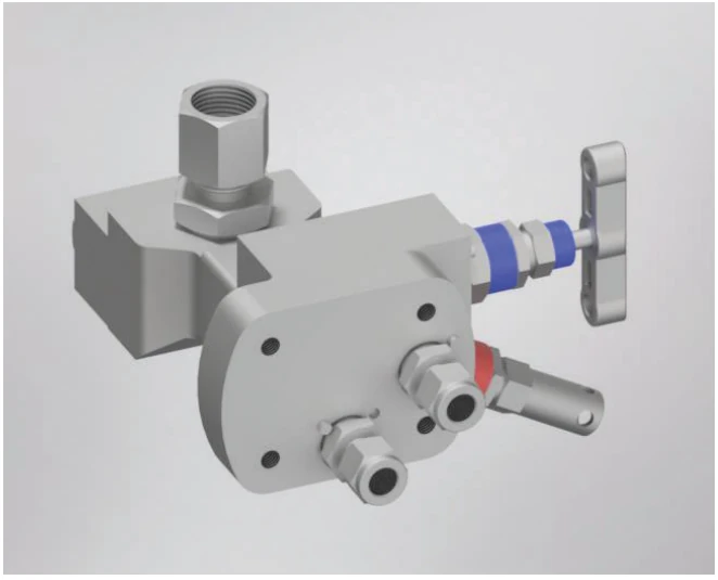 BMT SUPERLOK SM2MG Type G modular two-valve manifold with female gauge adapter; manufacturer catalog illustration.