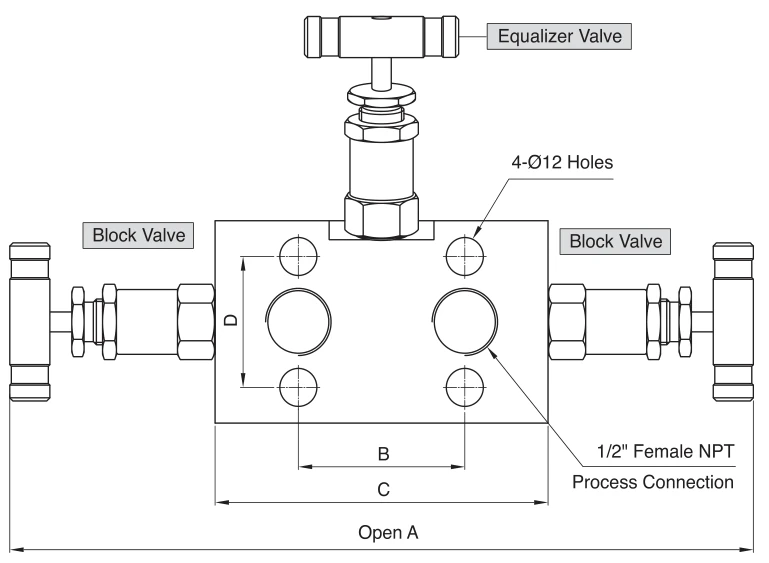 BMT SUPERLOK SM3VD three-valve manifold, vertical direct mounting; manufacturer catalog illustration.