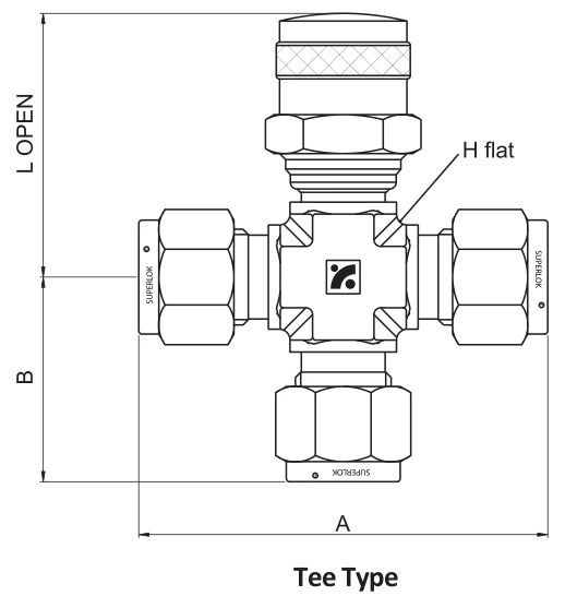 BMT SUPERLOK SPUV tee purge valve with three tube connections; manufacturer catalog illustration.