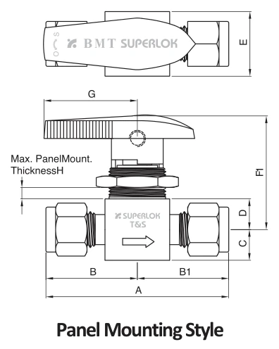 BMT SUPERLOK SPV130 plug valve, panel mounting style with tube fittings; manufacturer catalog illustration.