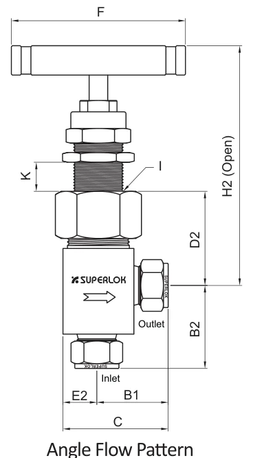 BMT SUPERLOK SUNVA angle needle valve with tube x tube; manufacturer catalog illustration.