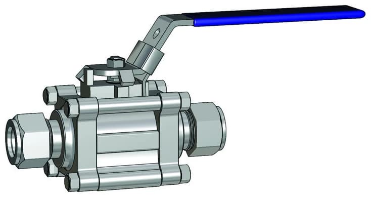 BMT SUPERLOK SWB320 manual swing-out valve, SUPERLOK tube fitting ends; manufacturer catalog illustration.