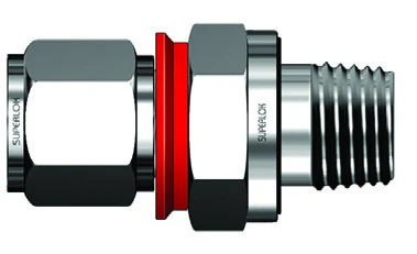 Manufacturer illustration: BMT SUPERLOK i-Fitting SOPCI — O-Seal Pipe Thread Connector with red installation check ring(s)