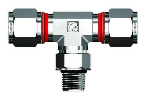 Manufacturer illustration: BMT SUPERLOK i-Fitting SPMBTI — Positionable Male Branch Tee with red installation check ring(s)