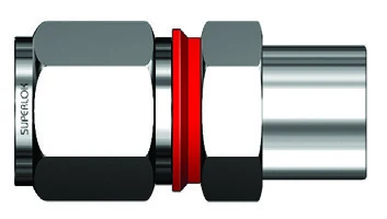 Manufacturer illustration: BMT SUPERLOK i-Fitting SSWCI — Tube Socket Weld Connector with red installation check ring(s)