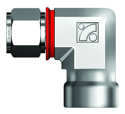 Manufacturer illustration: BMT SUPERLOK i-Fitting SSWEI — Tube Socket Weld Elbow with red installation check ring(s)