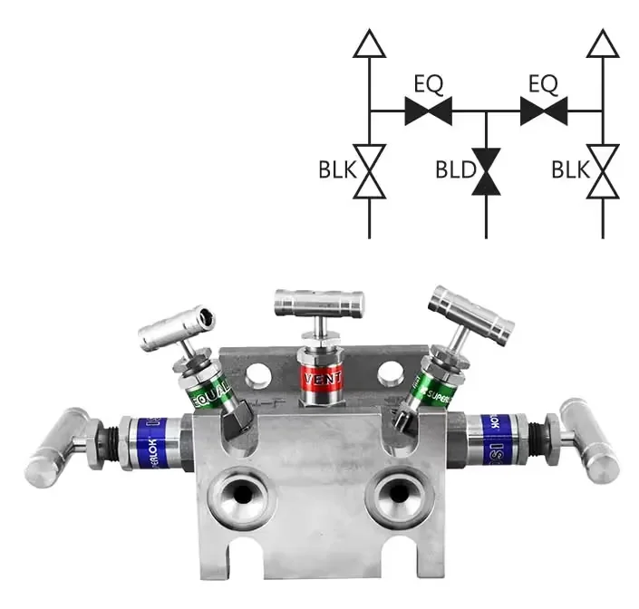 SUPERLOK SM5VDF instrumentation manifold with flow-path diagram