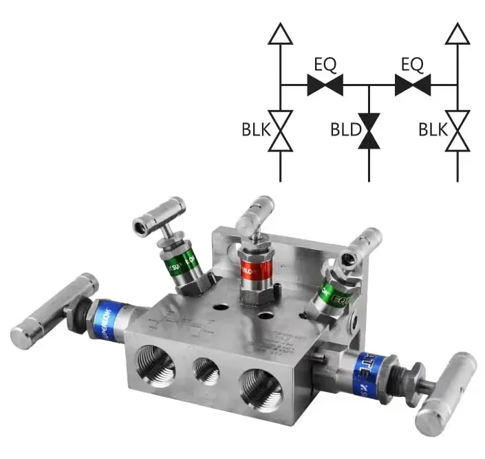 SUPERLOK SM5VF instrumentation manifold with flow-path diagram