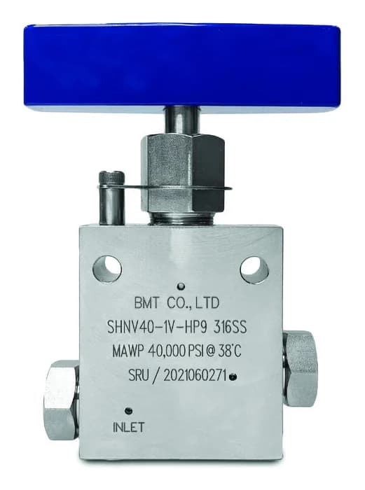 BMT SHNV40 high-pressure needle valve with blue handle