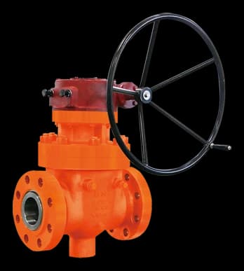 Orange BMT flanged process ball valve with black gear handwheel